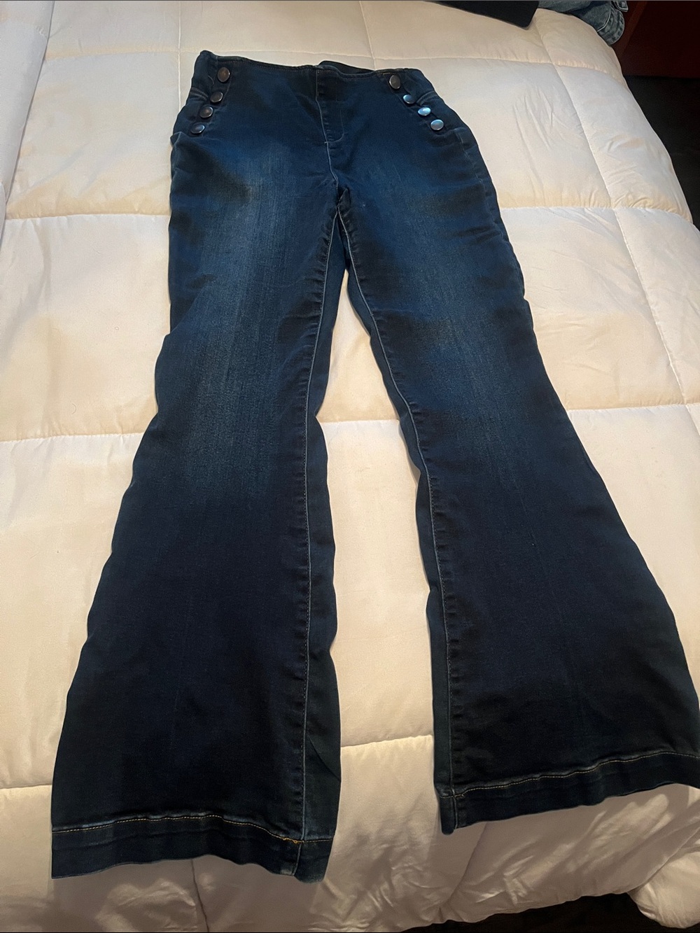 INC International Concepts Dark Blue Flared Jeans with Side Button Detail